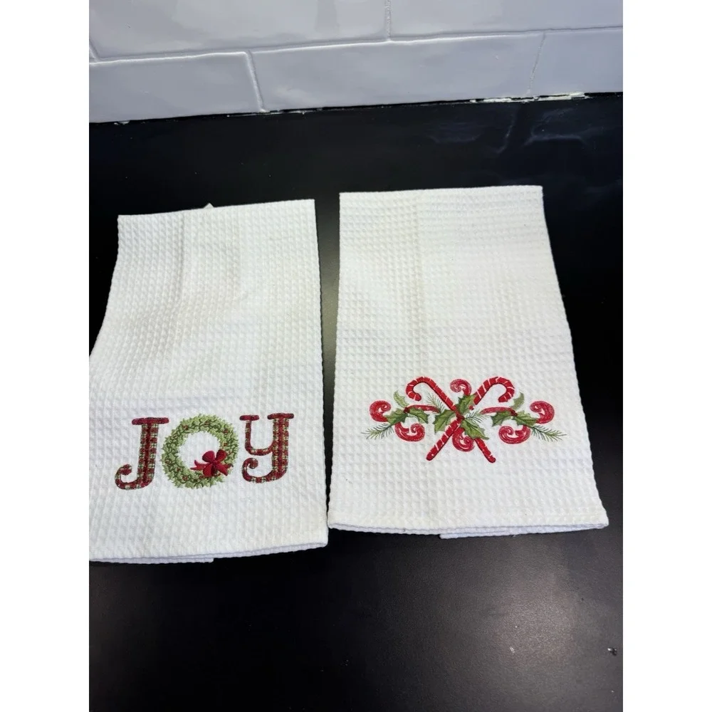 2 Cotton Hand Towel Christmas Embroidered Joy Wreath & Candy Cain Holly Waffle